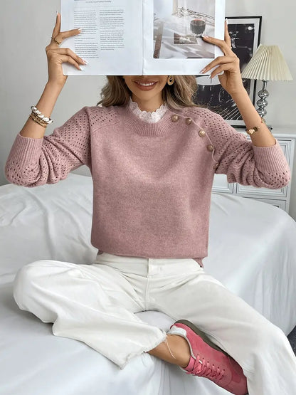 Crelace™ - Stylowy Sweter z Dzianiny z Koronką i Okrągłym Dekoltem